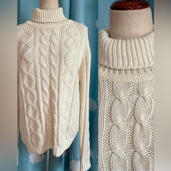 Vintage Sweaters - White wool fisherman sweater turtleneck- M